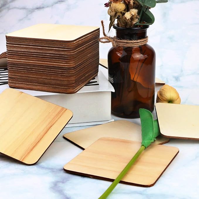 40Pcs Unfinished Laser Engraving Carving Blank Wood Pieces for Painting, Coasters, DIY Arts Craft Project, Staining and Decorations