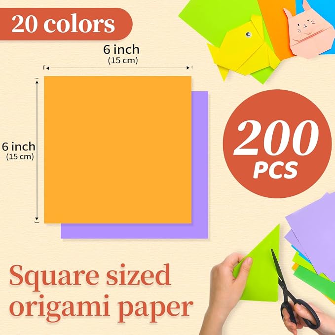 IOOLEEM Origami Paper, 200 Sheets 20 Colors, 6 Inch Square, Double Sided Colored Paper for Crafts DIY Party & Decoration