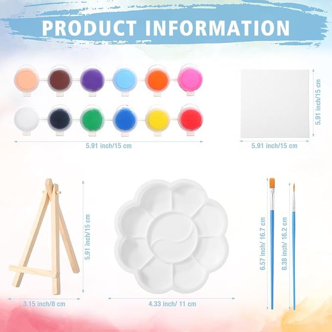 Qilery 12 Set Canvas Painting Kit, Mini Canvas with Wooden Easels Acrylic Paints Strips, Brushes, Palette, Art Set for Acrylic Oil Watercolor Adults Birthday Party Favors(4 x 4 Inch)