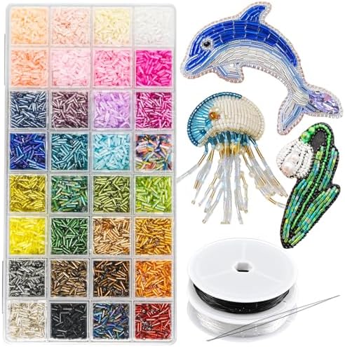 VvLons Glass Bugle Beads Kit 7mm 32 Colors Vibrant Tube Beads Kit for DIY Bracelet Necklaces Hand Embroidery Craft Enthusiasts & Home Decoration Jewelry Making Supplies for Adult