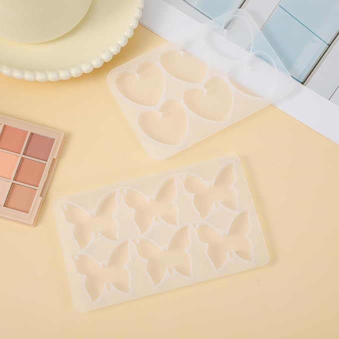 Butterfly Molds Silicone, 2 Pack Fondant Molds 6 Grids Epoxy Resin Mold with Hole Keychain Pendant Mold Heart Shape for DIY Crafts Jewelry Making