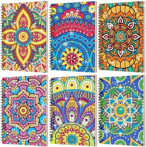 Fullhawl 6 Pack 5D DIY Diamond Art Crafts Kit for Adults Office Supplies Beginner A5 Leather Diamond Painting Gift for Women Art Cover Craft Accessories with Tool (Mandala)