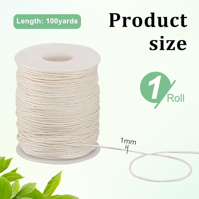 PH PandaHall 1mm Waxed Cotton Cord, 100 Yards Beading String Thread Wax Cord for Braid Bracelet Necklace Jewelry DIY Craft Macrame Making Glass Vase Floral Arrangement, Beige Color