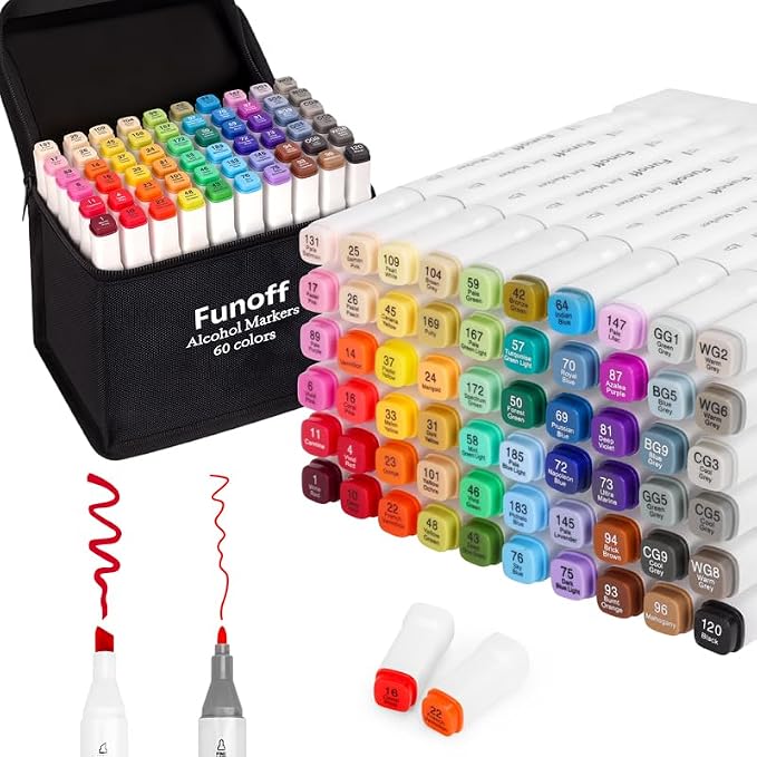 Funoff Alcohol Markers 60 Colors Fine & Chisel Dual Tip Art Marker Set | Permanent Coloring Markers with Carrying Case for Adult Coloring Drawing Sketching Illustration