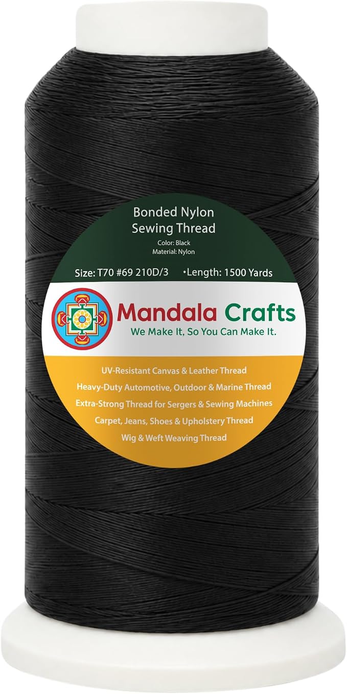 Mandala Crafts Size 69 210D T70 Black Bonded Nylon Thread, 1500 YDs