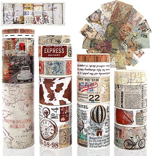 Vintage Washi Tape 18 Rolls & 15 Map Stickers Set,75/50/30/25/20/15/10/5mm Newspaper,Stamps,Old Letters,Holiday,Posters,Travels Adhesive Tape for Journaling,Scrapbook Supplies, Arts&Crafts(World)