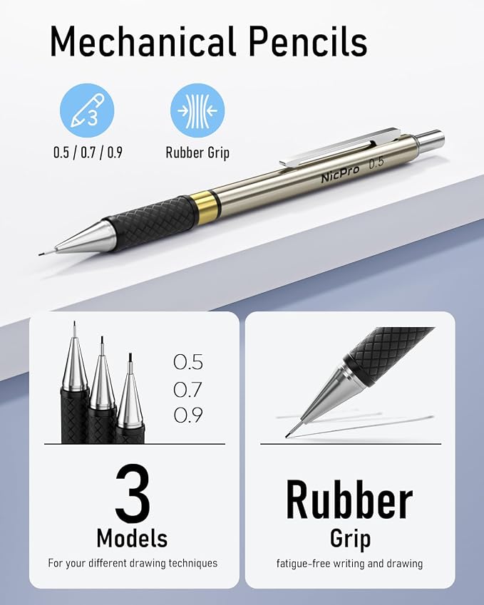 Nicpro Gold Art Mechanical Pencil Set | Metal Drafting Pencil 0.5, 0.7, 0.9mm & 2mm Lead Holder(2B HB 2H) For Sketching Drawing With Lead Refills Case