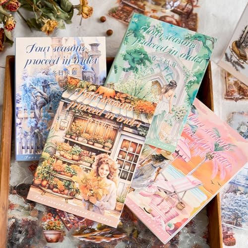 Four Seasons Style Stickers Scrapbooking Supplies for Junk Journal, Four Sticker Books, 80 Sheets PET Stickers