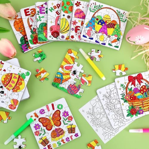 24 Pcs Easter Crafts Puzzle for Kids Ages 4-8, Easter Activities Arts DIY Jigsaw with Egg Bunny Basket Flower, Spring April Craft for Party Favors Gifts Christian Classroom Coloring Games Toy Bulk