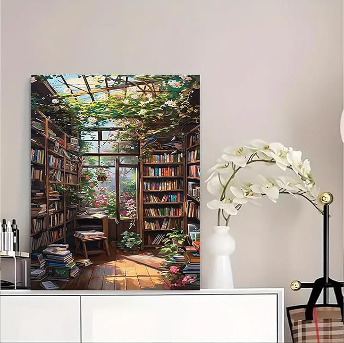 Bookshelf Paint by Number for Adult, Paint by Numbers for Adults Landscape | Scenery Paint by Numbers, Paint by Numbers for Adults Beginner for Gift Home Wall Decor (Bookshelf, 16x20 inch) Frameless