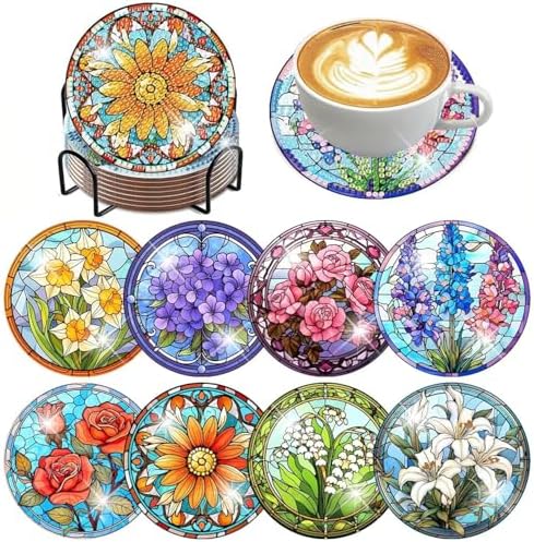 ijbnhd 8 PCS Flowers Diamond Art Coasters (Cork Wooden Pad)