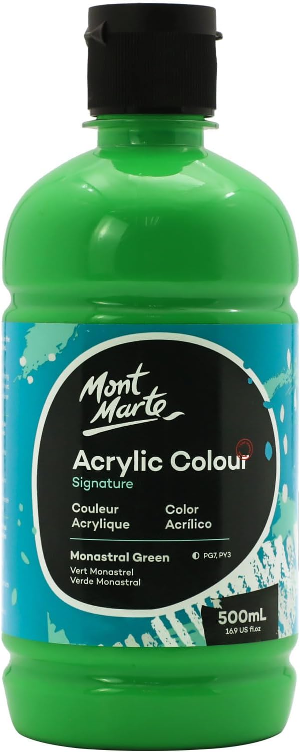 Mont Marte Signature Monastral Green Acrylic Paint, 16.9oz (500ml), Semi-Matte Finish, Suitable for Canvas, Wood, Fabric, Leather, Cardboard, Paper, MDF and Crafts
