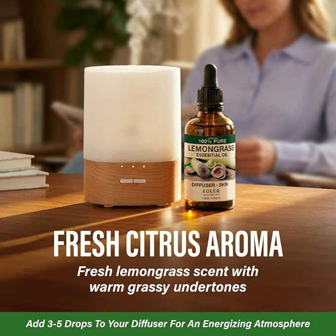 Kukka 100% Pure Lemongrass Essential Oil for Skin, Diffuser, 4 Fl Oz | Undiluted for Skin, Diffuser, Aromatherapy and Massage Blends, Non-GMO, with Dropper, Lemon Grass Oil