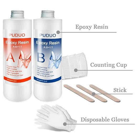 Puduo Epoxy Resin Casting and Coating Kit 32OZ | for Art, Jewelry, Crafts, Bonus 4 pcs Graduated Cups, 3pcs Sticks, 1 Pair Rubber Gloves