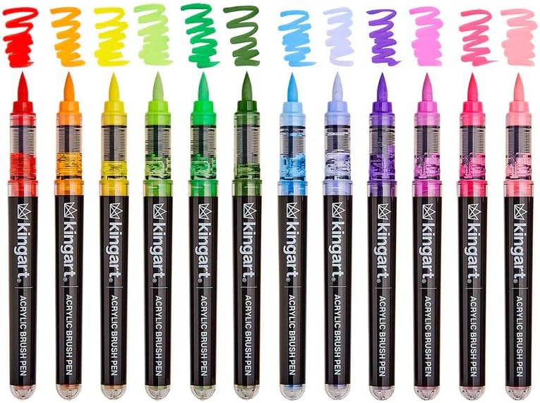 KINGART Acrylic Paint Markers Brush Tip, 12 Floral Colors. Water-based, no-bleed, waterproof pens with automatic ink control for rock, egg, wood, fabric, glass & DIY crafts