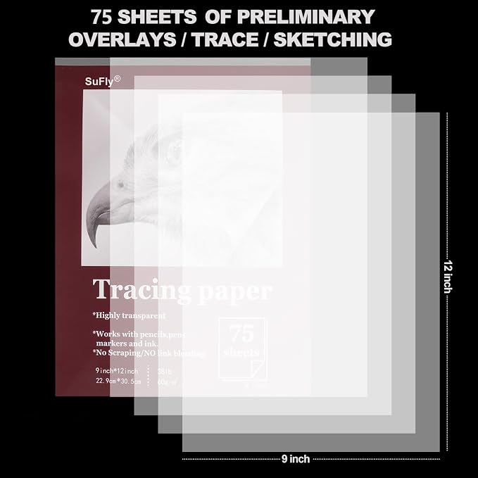 SuFly Tracing Paper for Drawing, 9'' X 12'' Tracing Paper Pad, 75 Sheets | Transparent Vellum Paper for Tracing Pads, 38lb/60gsm Trace Paper Pad for Sketching, Preliminary Drawing, Overlays Images