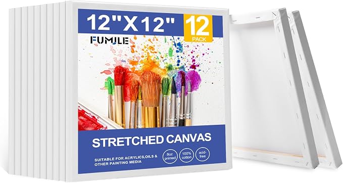 FUMILE Stretched Canvas for Painting 12x12, 12 Pack Square Canvases for Painting-5/8 in Profile Primed White Blank Painting Canvas Value Pack for Oil & Acrylic Paint