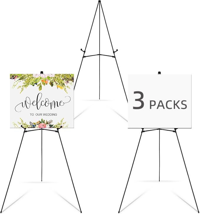 Falling in Art 3 Pack 63" Display Easel Stand, Holds 5 lbs | Instant Adjustable Poster Easel, Easy Folding Portable Tripod Stand for Signs, Posters, Wedding