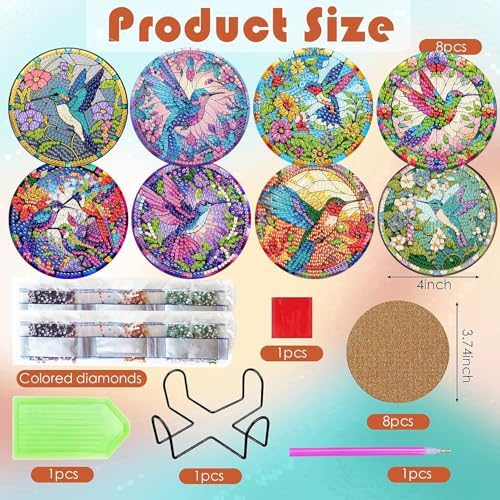 ijbnhd 8 Pcs Hummingbird Diamond Painting Coasters Kits for Adults