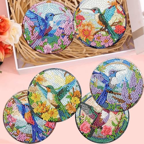 8 Pack Diamond Art Coasters,Hummingbird flowers Diamond Painting Coasters