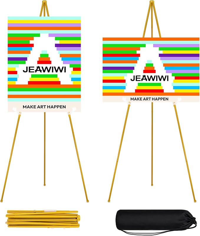 JEAWIWI 2 Pcs Lightweight Easel Stand, 66 Inch, Gold, with Portable Bags | Adjustable Metal Easel for Wedding Sign, Display Show, Arts, Poster, Party, Home, Office, School, Gallery, Birthday