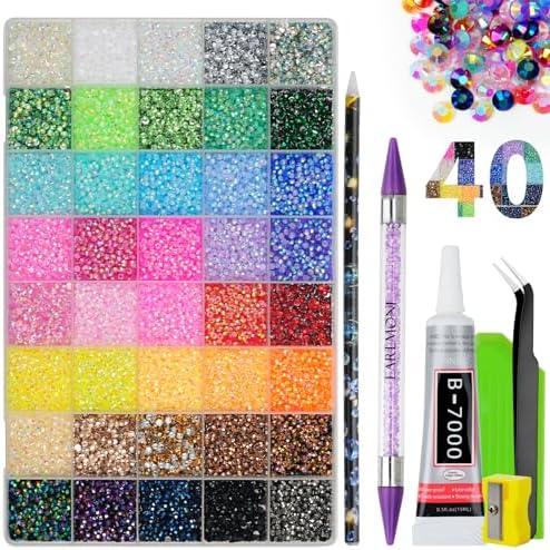 Resin Jelly Rhinestones for Bedazzling, EARLMONI Multi Colord Bedazzler Kit with 15ml B7000 Jewelry Glue Rhinestone Pen Tool for Clothes Nail Art (40 Colors, 3MM)