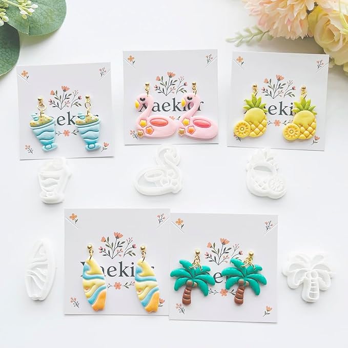 Summer Vibes Polymer Clay Cutters Set - 11pcs Vacation Shapes Including Palm Tree, Flamingo Float, Flip Flops, Surfboard & Smoothie for DIY Earring Jewelry, Soft Clay Crafts & Scrapbooking