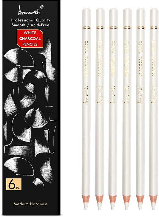 Brusarth White Charcoal Pencils Drawing Set, Professional 6-Piece Sketch, Highlight, Shading, Blending Set for Beginners & Artists