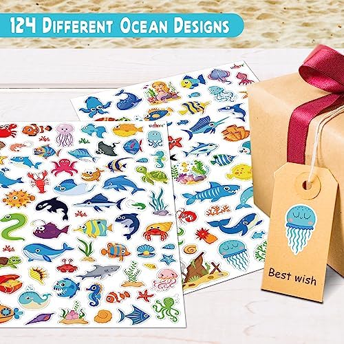 LINAYE 1480PCS Ocean Stickers for Kids, 24 Sheets, Vinyl, Waterproof Under The Sea Fish Animal Stickers for Ocean Sea Party Favors, Scrapbooking, Water Bottles