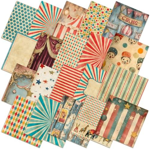 HunnmingRe 20 Pcs 10''x10'' Vintage Carnival Quilting Fabric Square Precuts Quilted Fabric Bundle Circus Clowns Printed Sewing Material for Halloween Xmas Patchwork Scrapbook Junk Journal DIY Craft