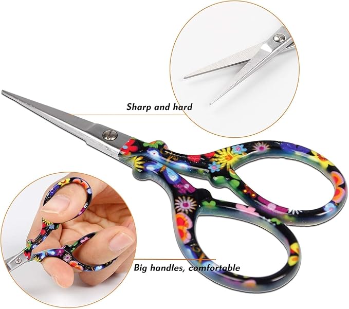 3.6 inch Sharp Embroidery Scissors for Sewing with Premium Leather Sheath | Classic-Hisuper Cross Stitch Scissors Vintage Decorative Shears Needlework Crochet Accessories Craft DIY Tool-Black Floral