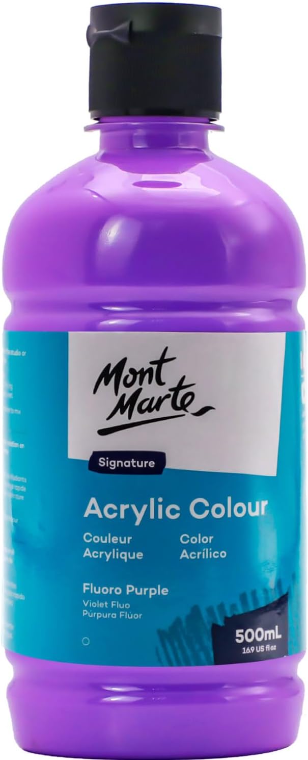 Mont Marte Signature Fluoro Purple Acrylic Paint, 16.9oz (500ml), Semi-Matte Finish, 12 Colors, Suitable for Canvas, Wood, Fabric, Leather, Cardboard, Paper, MDF and Crafts