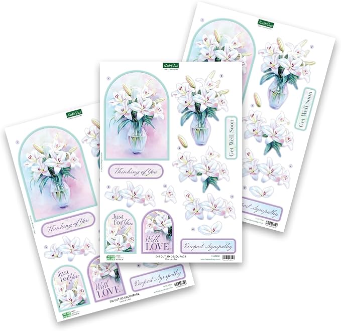 Katy Sue Designs Thinking of You 3D Die Cut Decoupage Collection for Card Making Supplies. Contains 12 Sheets of Katy Sue Die Cut Decoupage Featuring Lavender, Lillies, Hydrangea, and Roses