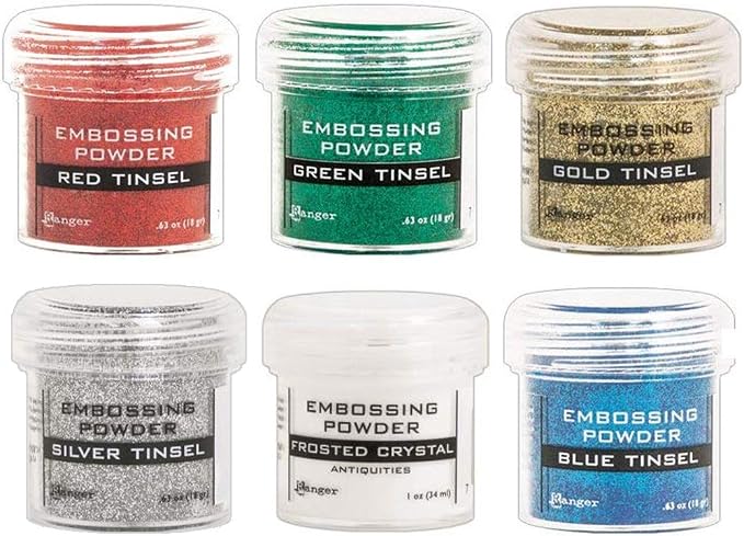 Ranger Metallic Embossing Powder Set, Embossing Powder Spoons, Red Tinsel, Green Tinsel, Gold Tinsel, Silver Tinsel, Frosted Crystal and Blue Tinsel