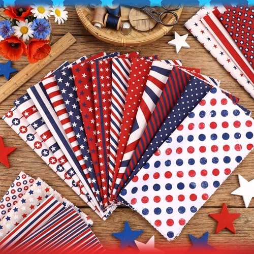 HunnmingRe 20 Pcs 10x10'' Patriotic Quilting Fabric Square Red White Blue Precut Fabric Bundle 4th of July USA Flag Star Patchwork Material for Memorial Day Sewing DIY Craft 250 Anniversary Supplies