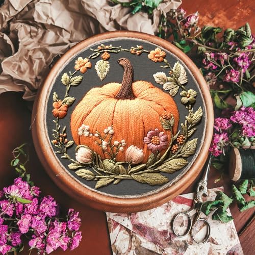 FONNUY Pumpkin Embroidery Kit for Beginners, Pre-Stamped Pattern Kits for Adults with Hoop, Easy to Follow Color Thread Needlework, 8'' Hoop (Orange)