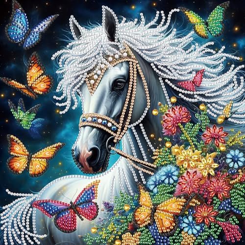 5D Special Shape Diamond Art Kits for Beginners, Diamond Art Painting Kits for Adults, Crystal Rhinestones Diamond Art Painting for Home Wall Decoration Gift 12×12 inch, White Horse Butterfly