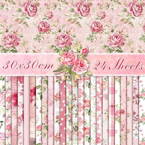 Pink Scrapbook Paper Vintage Flower Pattern Papers Pad 12×12,24 Sheets Double-Sided Mother's Day Bobo Floral Scrapbooking CardStock Paper Pad for Holiday Cardmaking DIY Origami Papers.