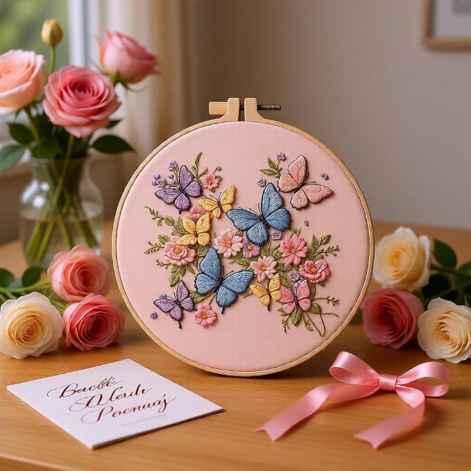 Embroidery Kit for Beginners & Adults Starter Kit, Cross Stitch Kits,DIY Hand Embroidery Needlepoint Set with Hoop, Pre-Printed Fabric, Threads and Instructions (Butterfly)