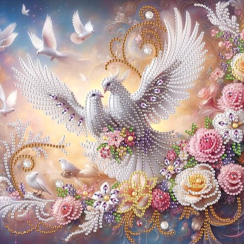 AiYuanzsh Diamond Art Painting Kits for Adults, 5D Special Shape Diamond Art Kits for Beginners, Crystal Rhinestones Diamond Painting for Home Wall Decoration Gift 12×12 inch, Happy White Dove