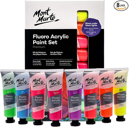 Mont Marte Fluoro Acrylic Paint Set, 8 x 1.02oz (36ml) Tubes, 8 Colors, Suitable for Most Surfaces Including Canvas, Card, Paper and Wood