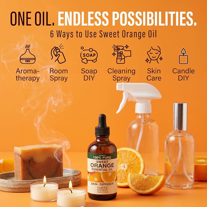 Kukka 100% Pure Sweet Orange Essential Oil for Skin, Diffuser, 4 Fl Oz | Sweet Orange Citrus Oil, Undiluted Brazilian, Non-GMO, GC/MS Tested - for Diffuser, Aromatherapy, Body, Massage