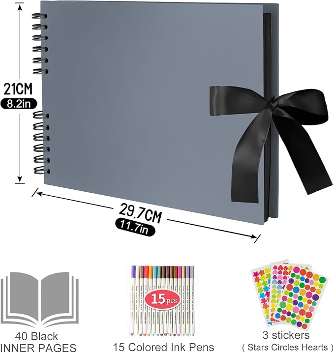 EVNEED 11.5 x 8.5 Inch Scrapbook Photo Album,Wedding Guest Book Anniversary Memory Scrapbooking,Wedding Photo Album with DIY Accessories Kit for Craft Paper DIY,80 Pages (40 Sheets),Grey