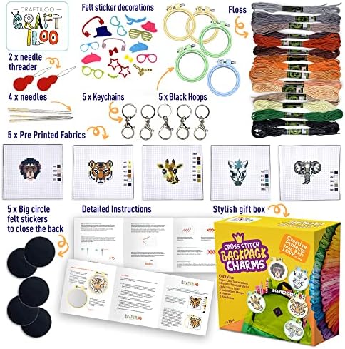 Safari Cross Stitch Kits for Kids - 5 Stamped Beginner Needlepoint Sets