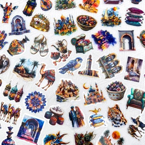 50PCS Arabian Middle Eastern Stickers for Scrapbooking, Clear Vintage Desert Islamic Mosaic Palace Camel Lantern Journal Stickers for Junk Journal Planner Crafts Watercolor Aesthetic Decor