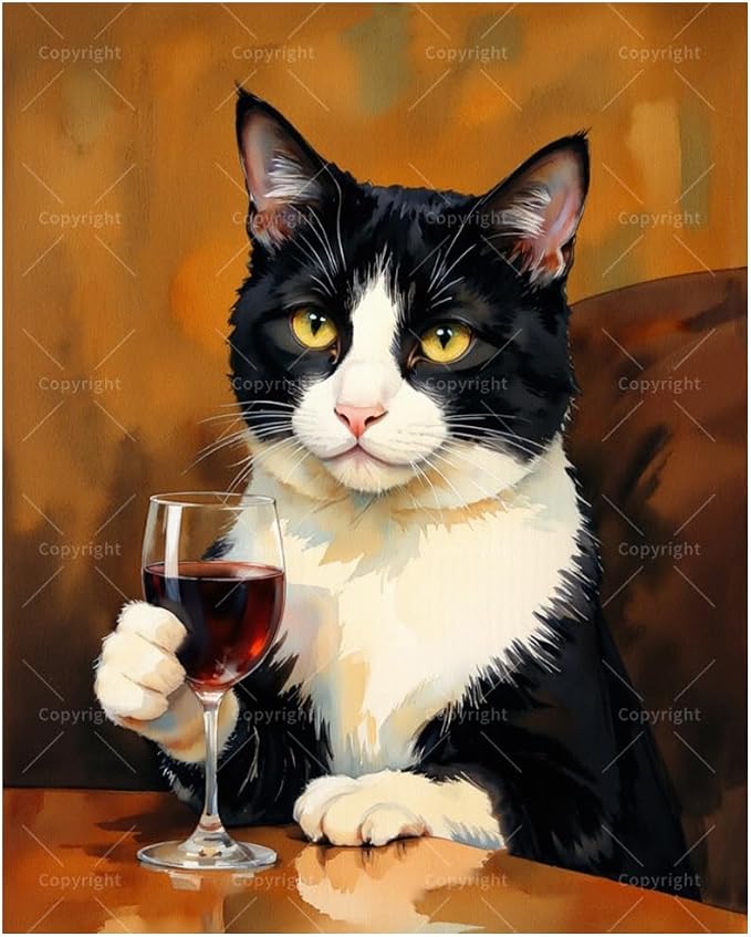 Tuxedo Cat Paint by Numbers Kit for Adults - DIY Black and White Cat with Wine Painting on Canvas, Acrylic Paint Set, Suitable for Beginners, Art for Home Decoration or Gifts(12X16IN Framed)