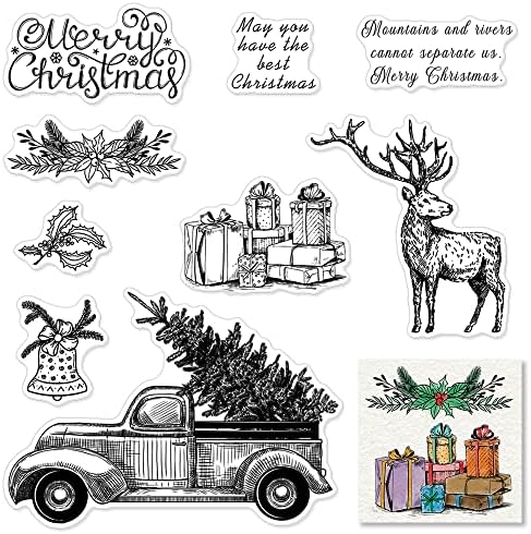 Christmas Tree Truck Clear Stamps for Card Making and Photo Album Decorations, Christmas Greeting Words Silicone Stamps Elk Deer Gift Transparent Rubber Stamps Seal for DIY Scrapbooking