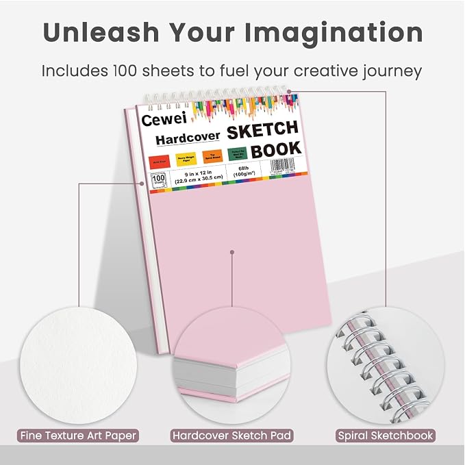 9"x12" Sketchbook Pink, 1 Pack-100 Sheets Cute Sketchbook for Girls, 68lb/100gsm Pink Sketch Book, Spiral Drawing Pad, Art Supplies for 9-12 Girls.