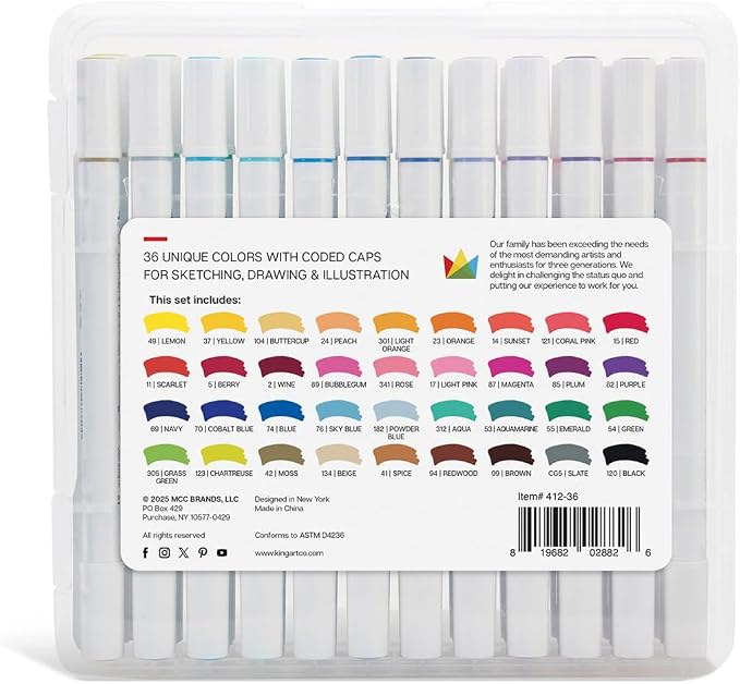 KINGART Dual Tip Alcohol Based Art Markers, 36 Colors Permanent Marker Pens Highlighters with Case Perfect for Illustration Adult Coloring Sketching and Card Making