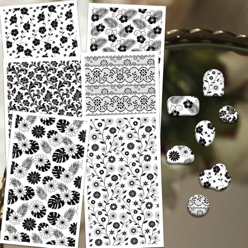OLYCRAFT 24Pcs Black Flowers Clay Transfer Paper 6 Design White Watercolor Floral Transfers Paper for Polymer Lace Polymer Clay Transfer Sheets Small Ceramic Decal for Clays Earrings Jewelry Making